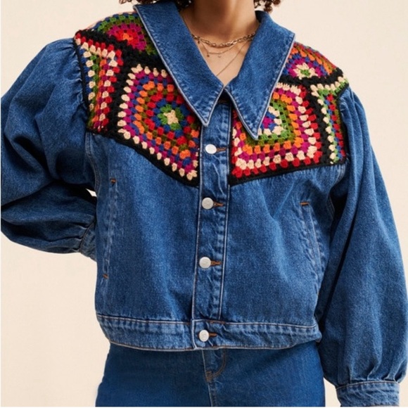 NWT Farm Rio Oversized Granny Square Crochet Denim Jacket - Picture 2 of 7